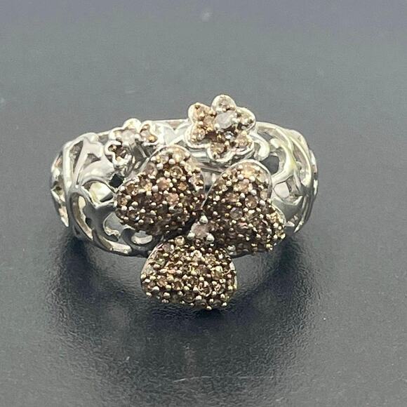 MDJ Michael Drechsler Sterling Silver Diamond Pave Flower Clover Ring Sz 6.5 - Picture 2 of 14